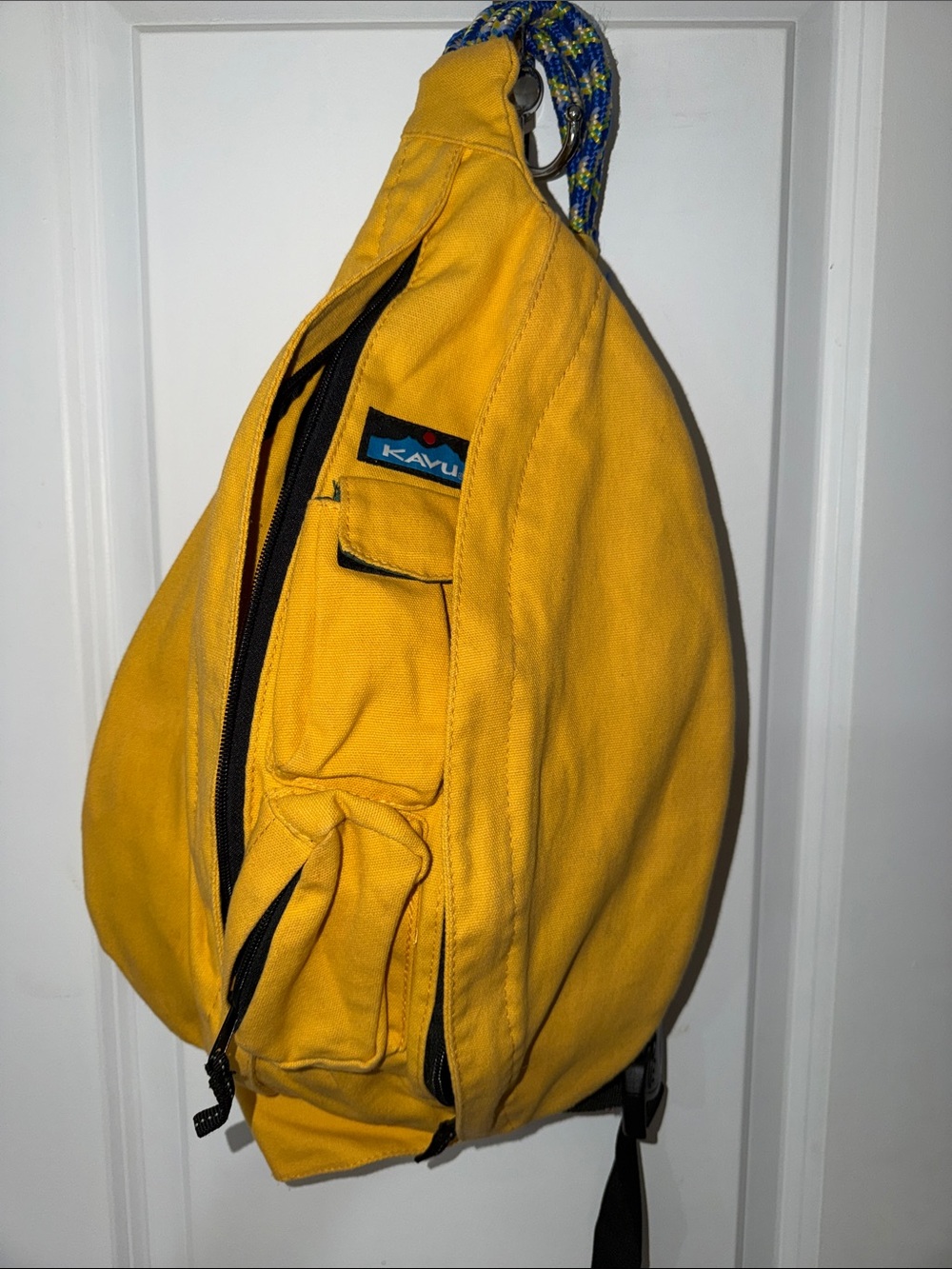 Kavu Yellow Canvas Sling Backpack with Rope Strap Accent